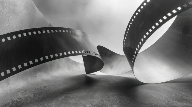 A flowing film strip gracefully weaves through a soft, textured background, evoking a sense of artistic storytelling and cinematic elegance in a minimalist style