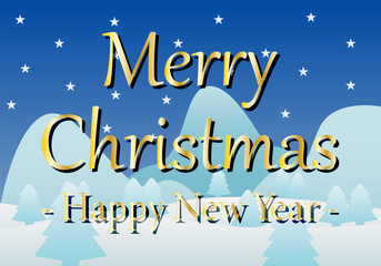 Felicitación de navidad y año nuevo dorado sobre paisaje nevado nocturno azul oscuro