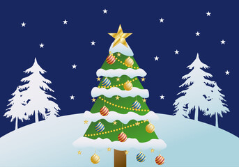 Paisaje navideño nocturno nevado con árbol de navidad con estrella, bola de navidad y guirnaldas 
