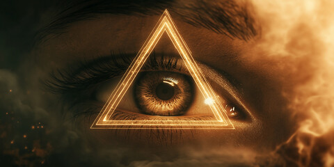 Woman eye looking through triangle symbol futuristic concept image