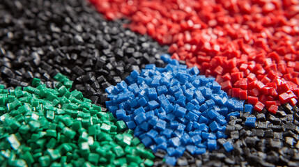 Obraz premium Blue, red and green Plastic pellets Background Close-up Plastic granules Polymer plastic beads resin polymer