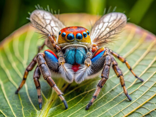 Obraz premium vibrant Australian peacock spider displaying its colorful fan on leaf, showcasing intricate patterns and vivid colors. This fascinating creature captures attention with its unique appearance and