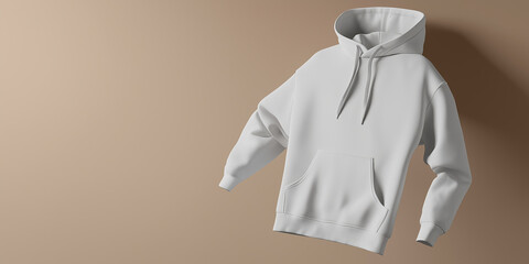 Minimalist white hoodie floating on a brown background