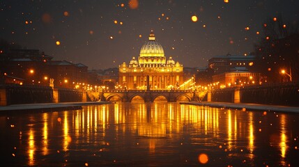 Fototapeta premium Glowing St. Peter's Basilica at night during winter