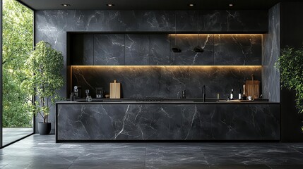 luxurious black marble countertop against a sleek black wall highlighting elegance and sophistication in a modern kitchen setting inviting a sense of style and highquality design