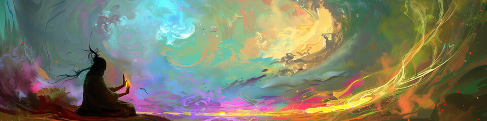 An ethereal painting of a shaman performing a healing ritual, surrounded by abstract shapes and swirling colors.