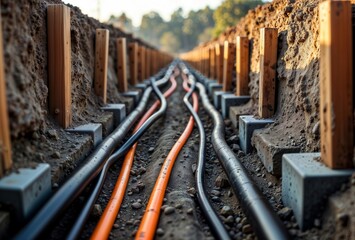 Underground Cable Installation. Multiple utility cables and conduits in concrete-supported trench with wooden safety barriers and precise alignment.