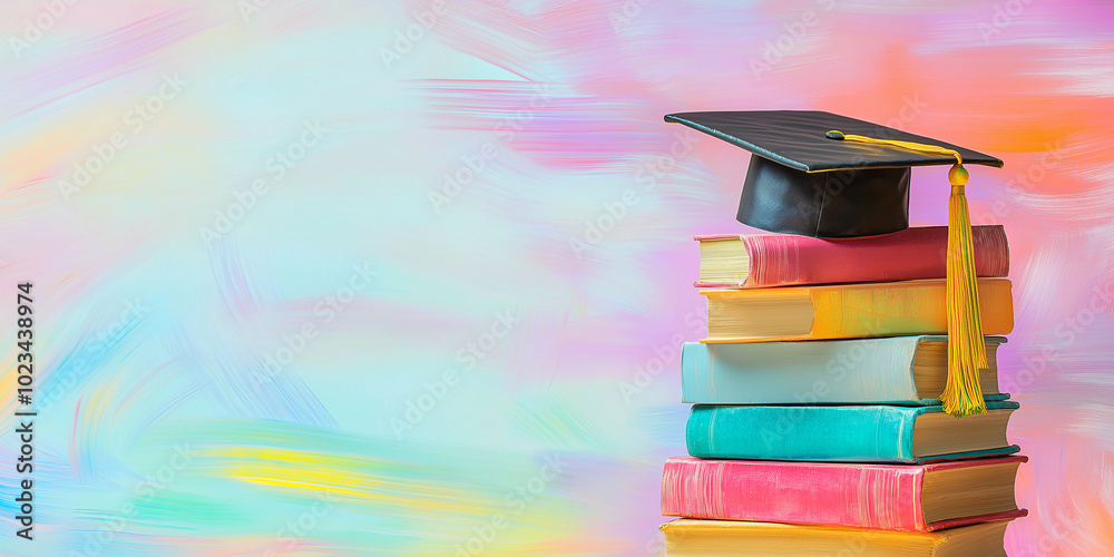 Poster graduation cap sitting on stack of books with copy space