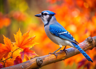 blue jay perched on branch amidst vibrant autumn leaves, showcasing its striking blue and white plumage against backdrop of colorful foliage. scene captures essence of fall