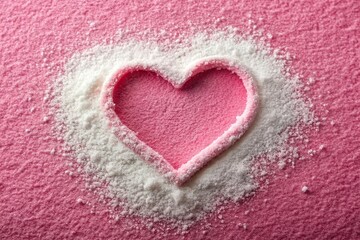 Heart shape made of icing sugar on pink grainy paper surface Macro