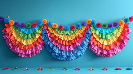 paper rainbow. Traditional Mexican decorative toy for Cinco de Mayo celebration. Festive colorful ribbon decor with candies. Flat vector illustration isolated on white background