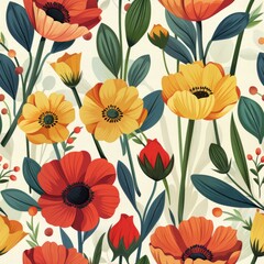 Colorful sealess floral pattern with hand draw spring flower. ai generated