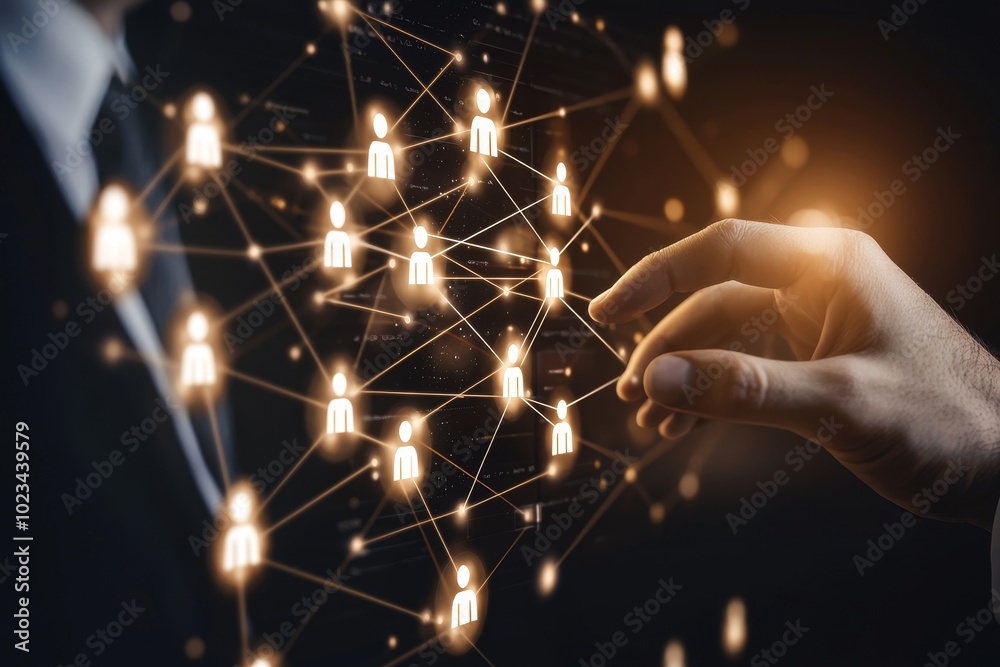 Poster Management of human resources concept. Businessman touching manager icon with connection link network for organization structure. Recruitment of candidates and staffing.