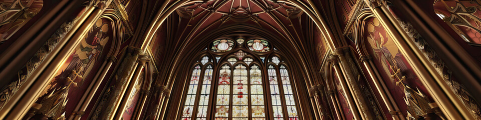 Fototapeta premium An ornate gothic archway, framing a European cathedral's stained-glass window, its rich burgundy and gold hues evoking a sense of ancient wisdom.