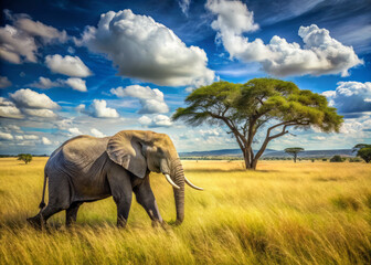 Fototapeta premium majestic grey elephant walks across stunning landscape, surrounded by tall grass and vibrant sky filled with fluffy clouds. scene captures beauty of nature and wildlife