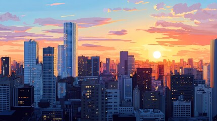 Obraz premium Panoramic cityscape of skyscrapers at sunset. 