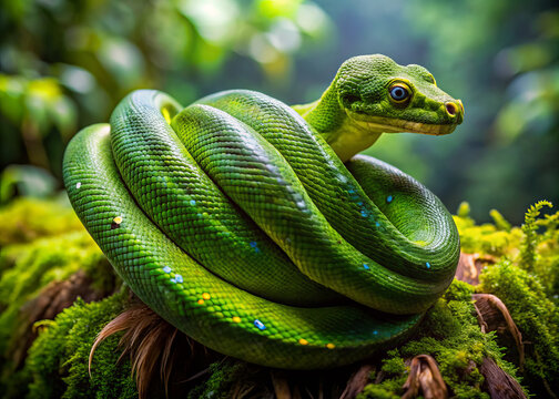 vibrant green tree python coiled gracefully on mossy surface, surrounded by lush greenery. Its striking scales and curious expression evoke sense of wonder in this serene rainforest setting