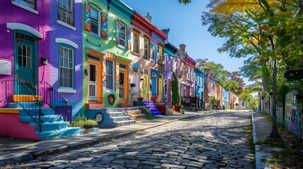 Fototapeta premium Colorful houses along a cobblestone street under a clear blue sky in a vibrant neighborhood. Cultural and architectural charm concept for posters and wallpapers