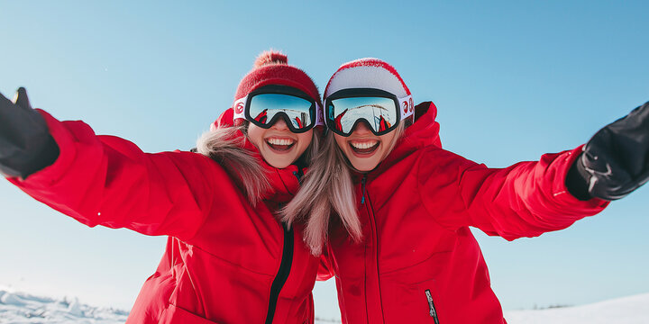 Two young women wearing matching red ski outfits taking a selfie