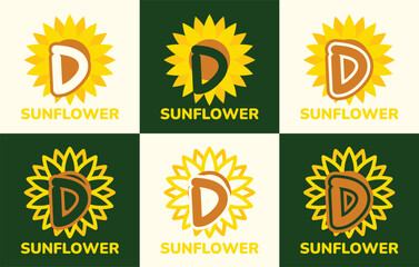 Fototapeta premium Set of letter D sunflower logo. This logo combines letters and sunflower shapes. Suitable for flower shops, flower farms, flower accessories shops and the like.