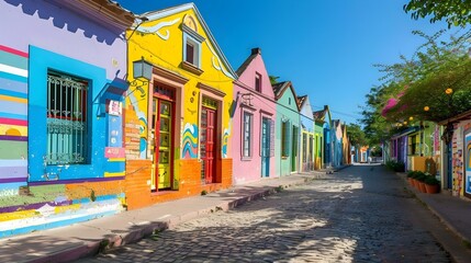 Obraz premium Colorful houses along a cobblestone street under a clear blue sky in a vibrant neighborhood. Cultural and architectural charm concept for posters and wallpapers