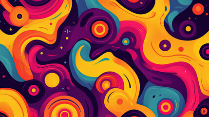 Psychedelic retro cool digital artwork. Colorful doodle human face eyeball design, 70s vintage style vivid dreamscape pop art