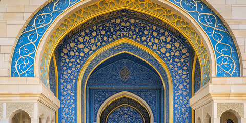 Obraz premium Stunning blue mosaic arches forming an intricate pattern on a mosque facade