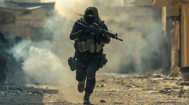 Female soldier running through battlefield holding rifle