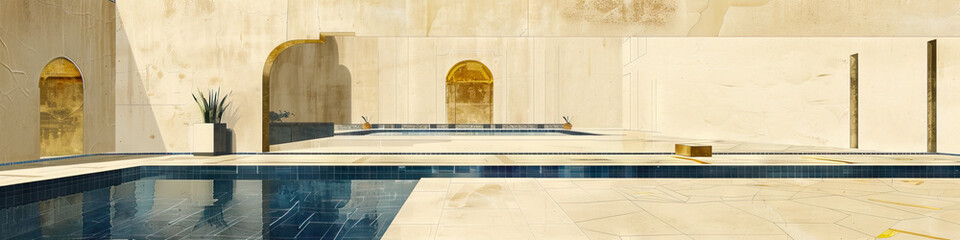 Fototapeta premium An abstract painting of a Turkish bathhouse, its indigo tiles and gold accents contrasting against a sandy beige background, invoking a sense of calm.