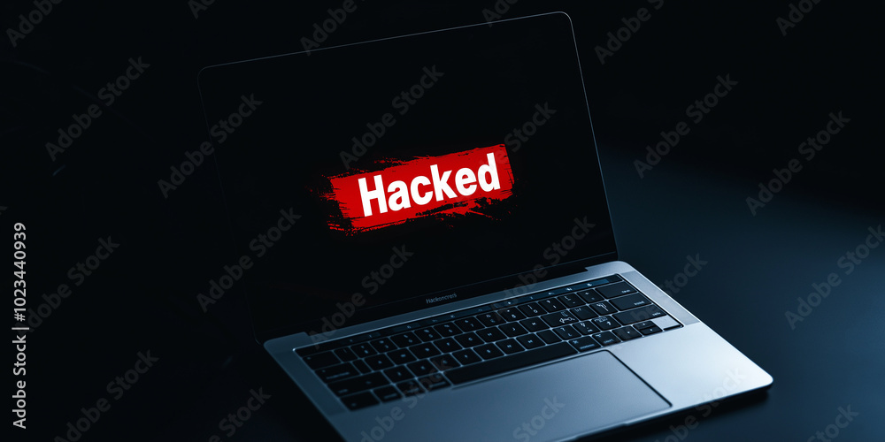 Poster laptop screen showing hacked message in red on black background