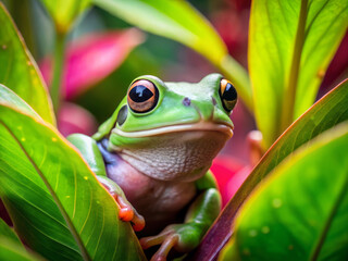 vibrant green tree frog rests among colorful leaves, showcasing its striking features and natural habitat. lush garden setting enhances frogs beauty and charm
