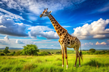 Obraz premium majestic giraffe stands gracefully in lush green landscape under vibrant blue sky filled with fluffy clouds, showcasing beauty of nature