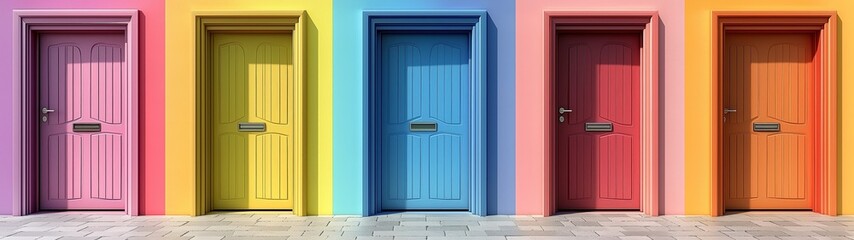 Row of colorful doors in vibrant pastel colors, front view