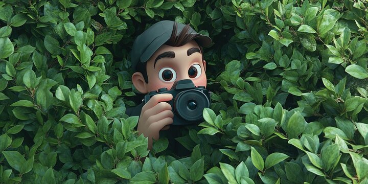 3D cartoon animation man with camera hiding in bushes