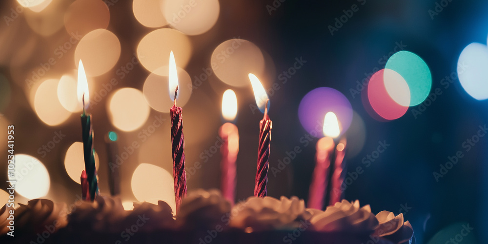 Poster lit birthday candles burning on cake with festive bokeh background