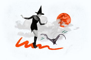 Composite photo collage of astonished witch girl scared bat vampire mouse halloween creepy monster...