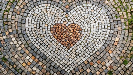 Heart shaped mosaic on ground near window, aerial view