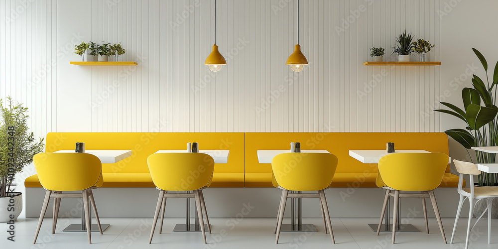 Poster Modern cafe interior with yellow sofa and white tables showing minimalist style design