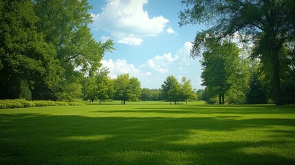 Fototapeta premium Green Meadow with Trees and Blue Sky