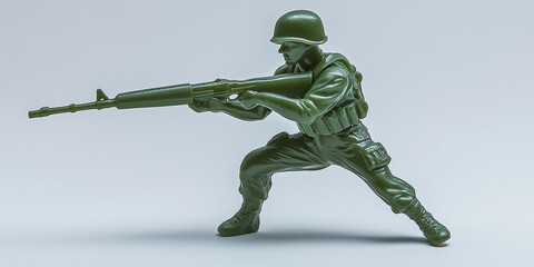 Fototapeta premium Toy soldier aiming with rifle on white background