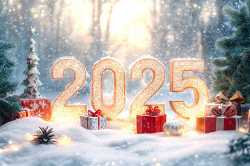 Snow-covered numbers 2025 with Christmas decorations and presents, creating an enchanting winter atmosphere for the New Year celebration.	