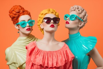 Fototapeta premium Three colorful woman mannequins statues in chic retro fashion pose with bold sunglasses against an orange backdrop.