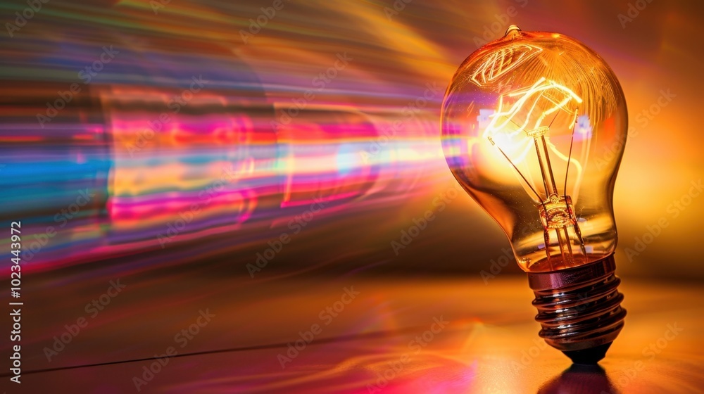 Poster Bright Light Bulb with Colorful Reflections and Rays