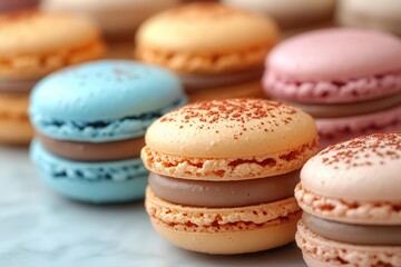 Fototapeta premium macarons elegantly arranged on a light background showcasing their colorful and delicate nature as a delightful dessert perfect for a sweet indulgence