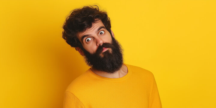 Bearded man making funny face expression on yellow background