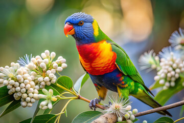 Obraz premium vibrant Australian rainbow lorikeet perched on flowering branch, showcasing its colorful plumage against blurred natural background. birds bright feathers and delicate flowers create lively scene