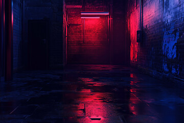 Dark Alleyway with Neon Lights in Red and Blue - Atmospheric Urban Scene