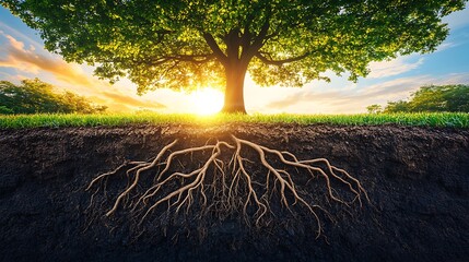 A minimalist tree silhouette with detailed roots extending below the ground, blending into a vibrant orange-to-yellow sunset background, evoking a sense of growth and vitality. Transparent image 