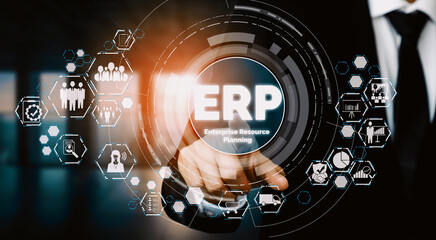 Enterprise Resource Management ERP software system for business resources plan presented in modern graphic interface showing future technology to manage company enterprise resource. uds