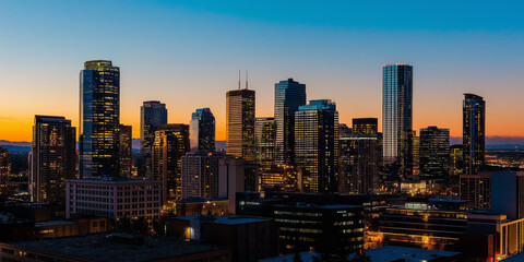 Fototapeta premium Denver colorado skyline glowing at dusk with vibrant orange and blue sky
